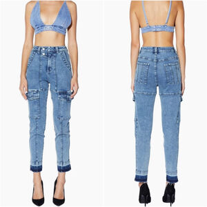 RtA Skinny Eva Slim Cargo Utility Jeans Blue Acid Wash Raw Step Hem 24